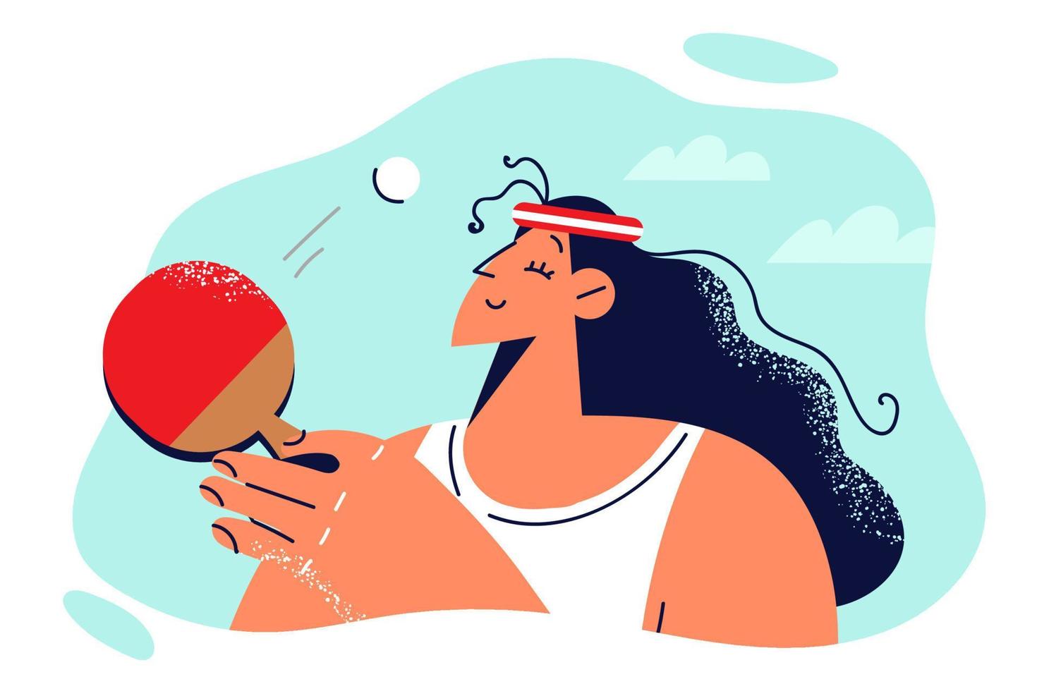 relajado mujer jugando mesa tenis con raqueta durante partido con adversario o formación antes de juego. niña es profesionalmente comprometido en mini tenis o tiene pasatiempo para relajante en gratis hora vector