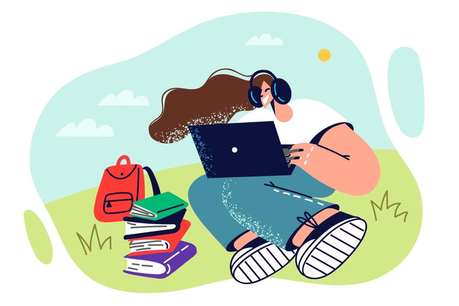 Student girl with laptop sits on green lawn in sunny weather and watches online webinar set by college teacher. Girl student gets knowledge and online education in college located under summer sky vector