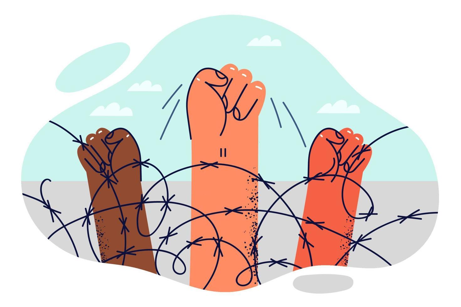 Hands of protesters are clenched into fist near barbed wire at border intended to restrict movement of illegal migrants. Fist is symbol of protest action of prisoners against deprivation of liberty vector