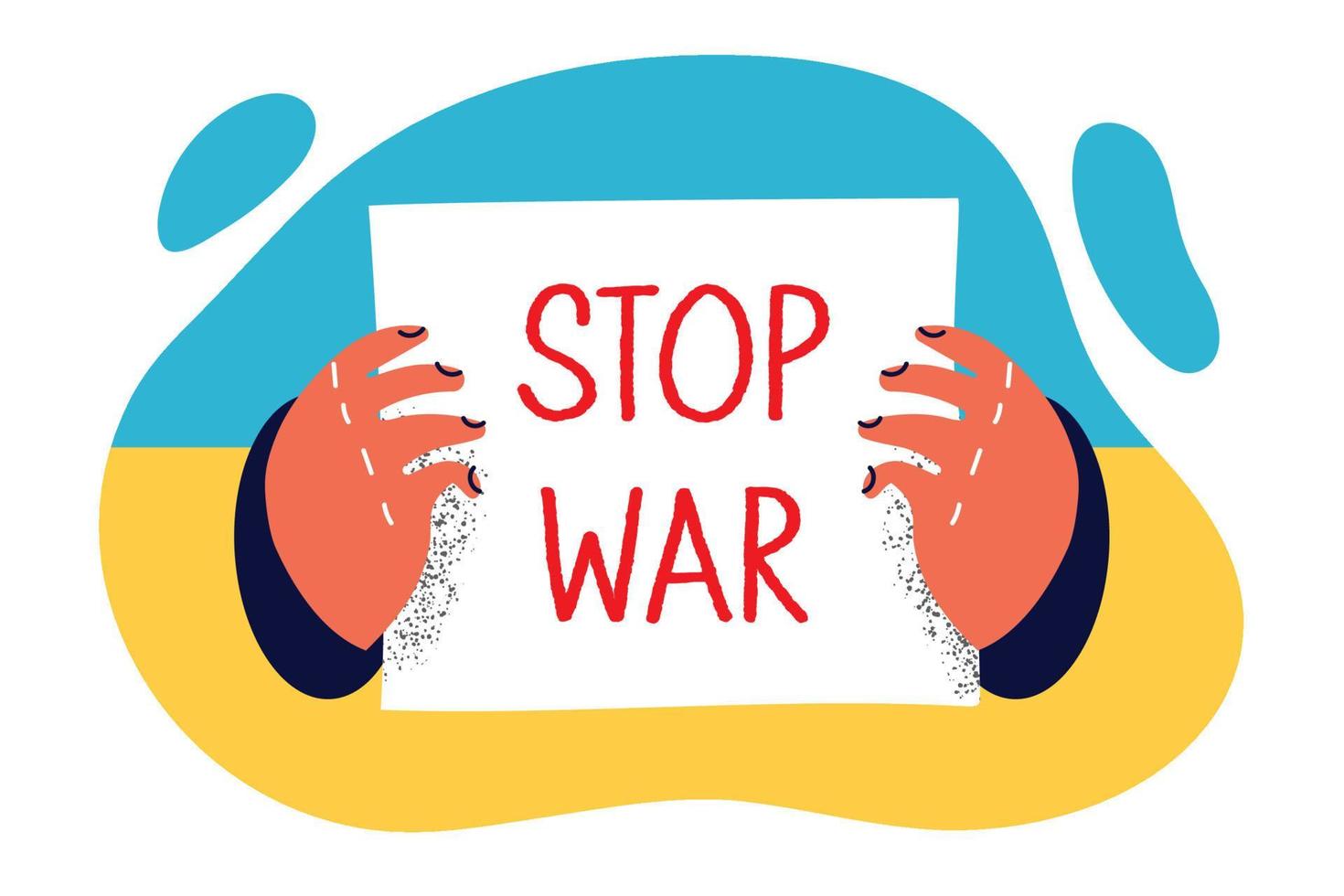 Stop war poster near flag of Ukraine symbolizing cessation of hostilities and start of peace negotiations. Text stop war in hands calling for end to conflict with fighting between Ukraine and Russia vector