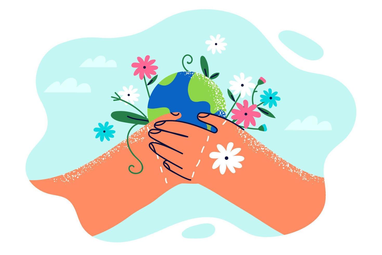 Two hands with planet earth and flowers symbolize environmental activism and care for nature. Globe in hands of volunteers as metaphor for fight against environmental pollution and CO2 emissions vector