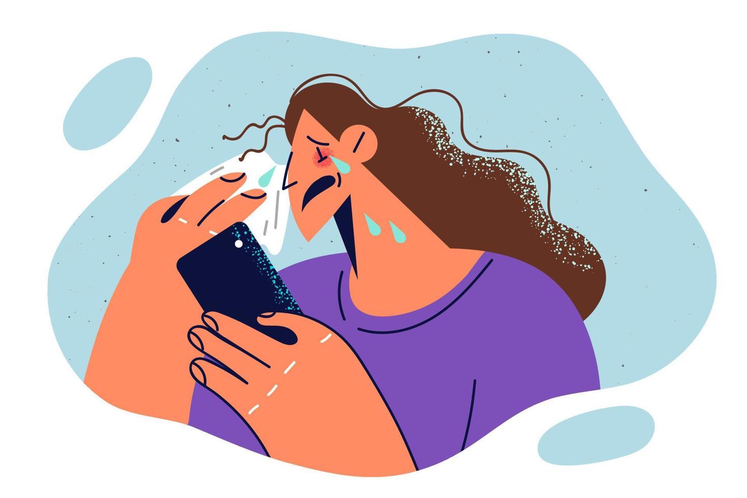 Crying woman wipes tears with handkerchief and holds phone while watching melodrama film or touching video. Girl with phone starts to crying after quarrel with boyfriend in internet chat vector