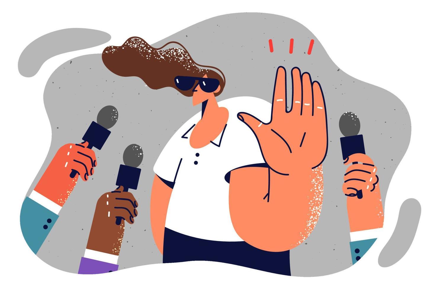 Woman refusing to give comments to journalists and reporter holding out hands with microphone for interview. Celebrity girl or politician is trying to drive away journalists demanding interview vector