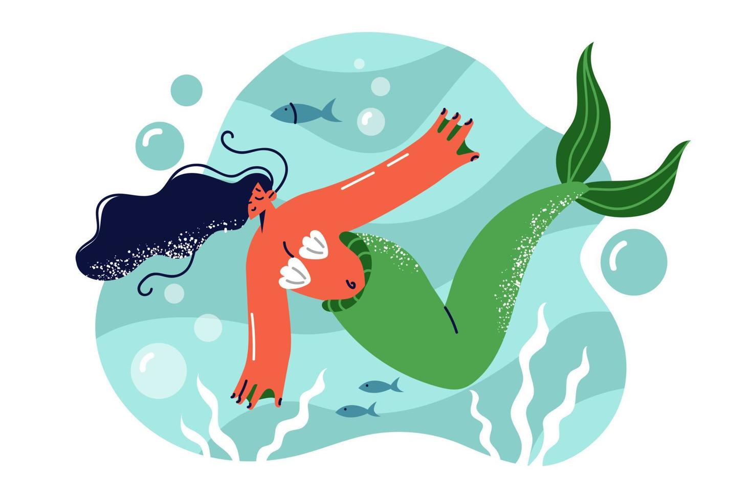 Fantastic mermaid from myths and fairy tales swims underwater among fish and algae growing on seabed. Mythical mermaid with green fishtail peacefully travels on sea or ocean floor vector