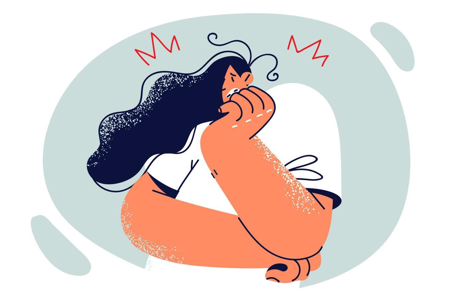Nervous woman with phobia bites nails after learning about upcoming problems associated with being fired. Girl experiences stress and phobia reading news with crisis or epidemic forecast vector