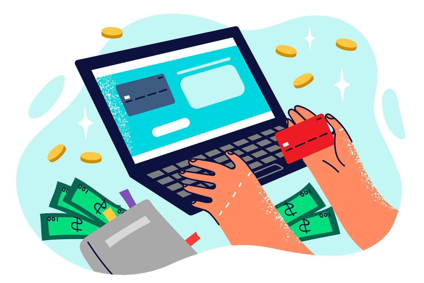 manos de persona haciendo en línea compras mediante ordenador portátil entrando crédito tarjeta detalles a hacer pago. en línea compras con hogar entrega de comprado bienes o en línea dinero transferir vía web aplicaciones vector