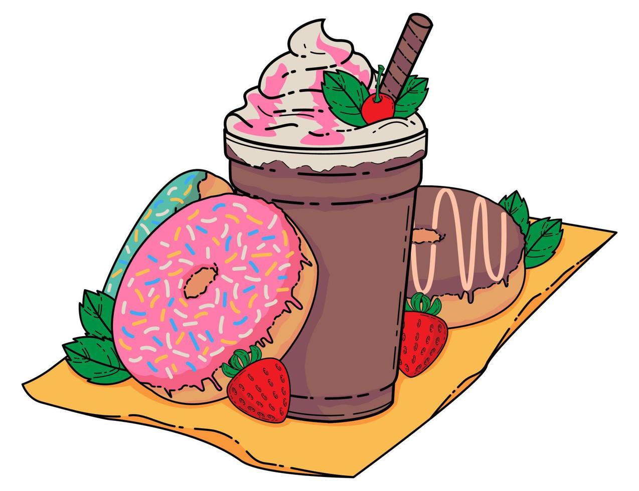 delicious donuts and milkshake drinks vector