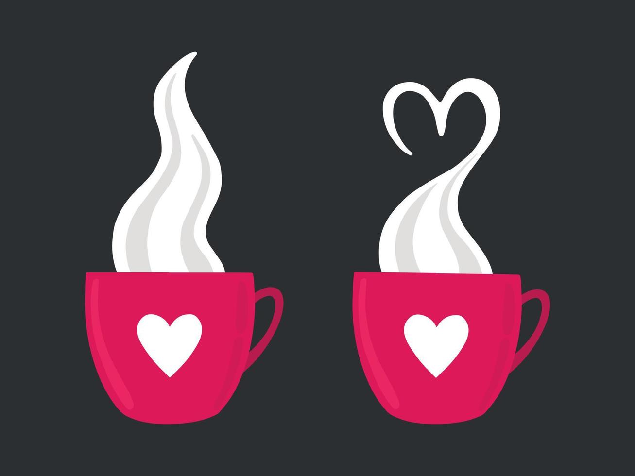 Steaming pink cups with a heart. Vector isolated illustration of cute cups. Cup with steam. Isolated. Steam in the form of a heart.