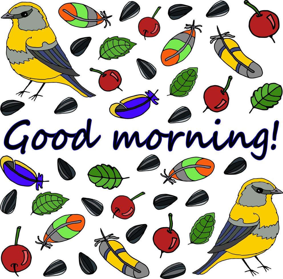 Illustration with the text good morning on the background of bright birds, berries, feathers, leaves vector