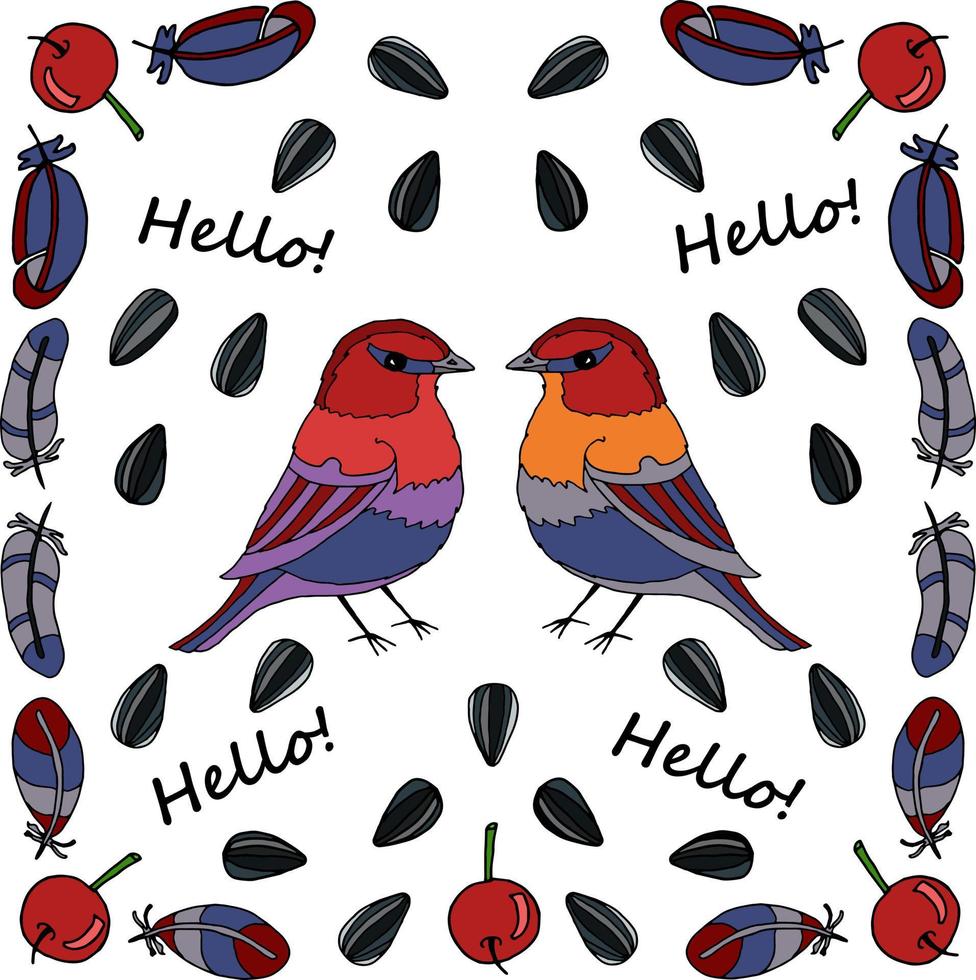 ilustración con aves, bayas, plumas y hojas. vector