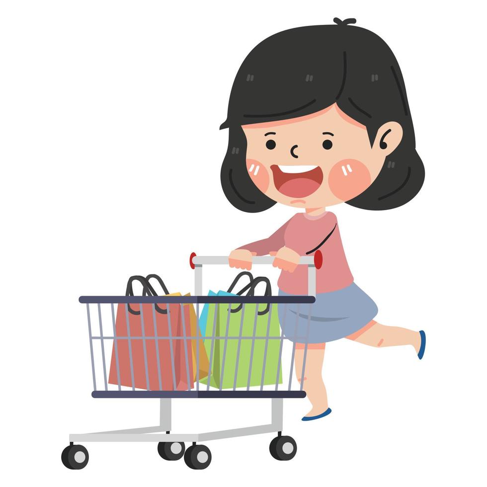 linda niña con compras carro dibujos animados vector