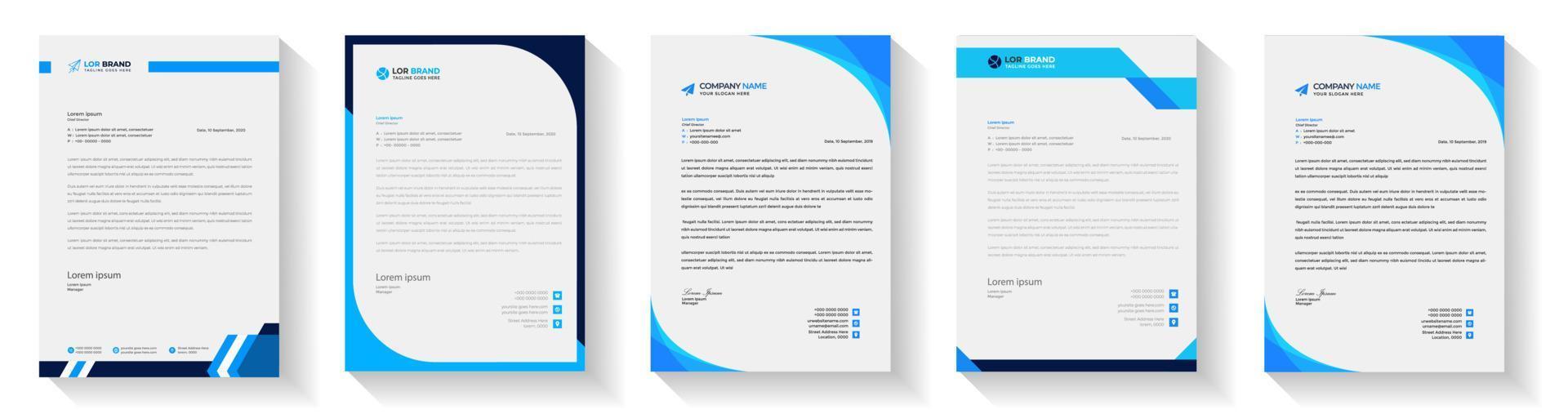 oficial mínimo creativo resumen profesional Boletin informativo corporativo moderno negocio propuesta membrete diseño modelo conjunto con azul color. letra cabeza diseño conjunto con azul color. vector