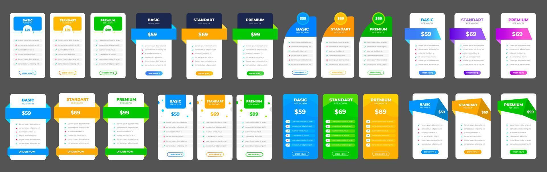 Ui UX pricing design tables with tariffs, subscription features checklist and business plans set. pricing plans table pricing chart Price list for web or app. Product Comparison business web plans. vector