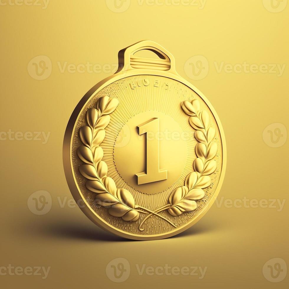 Gold medal with number 1, illustration, yellow background. AI photo