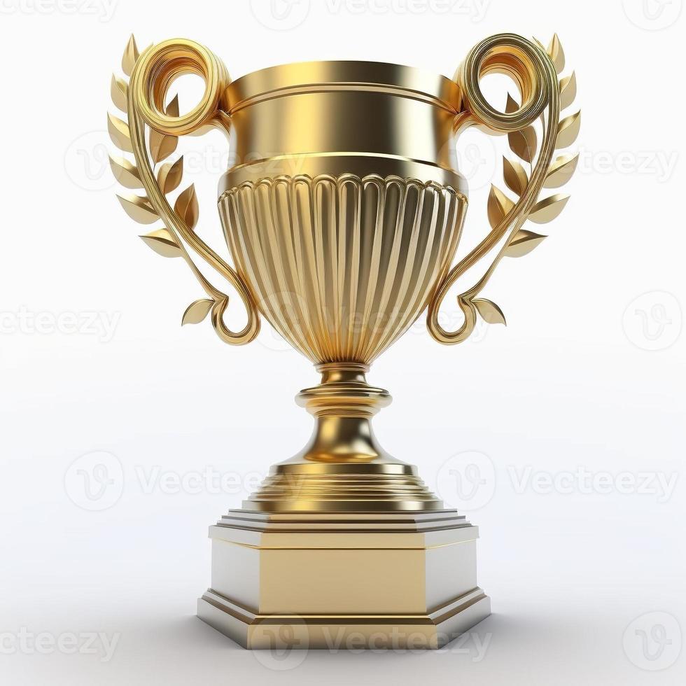 Golden trophy with reflections, white background. AI digital illustration photo