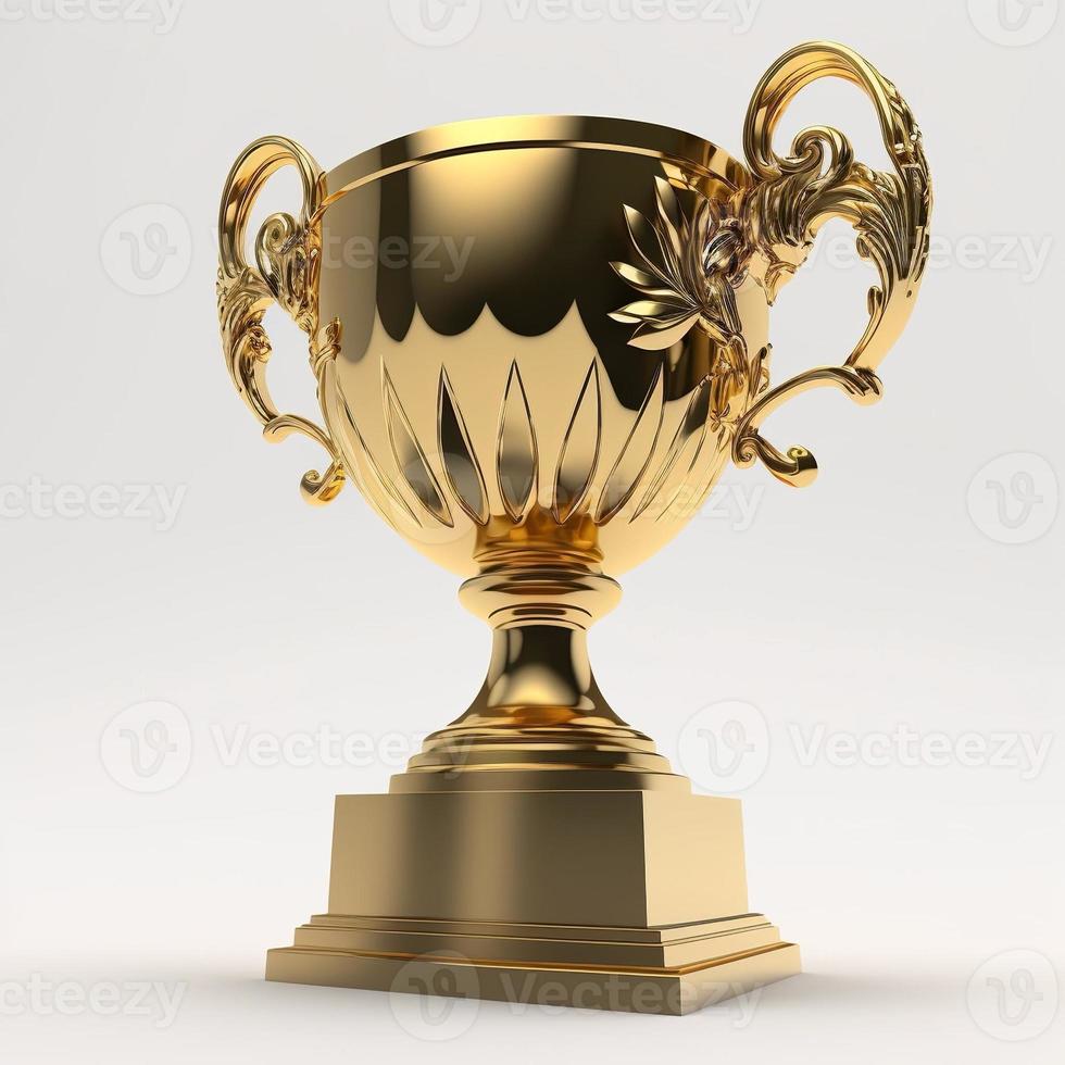 Golden trophy with reflections, white background. AI digital illustration photo