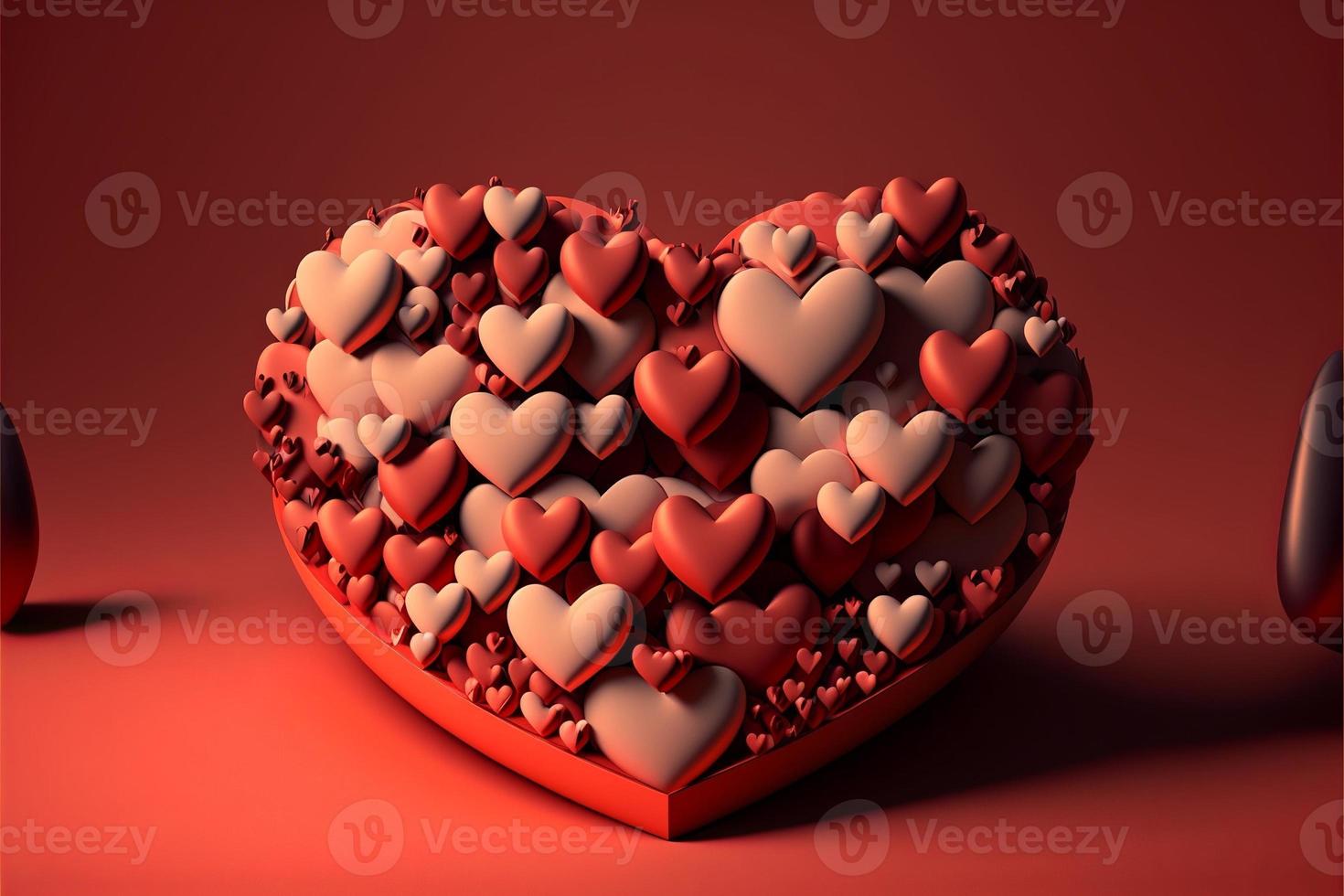 Many red hearts, 3D , red background, valentine's day. AI photo