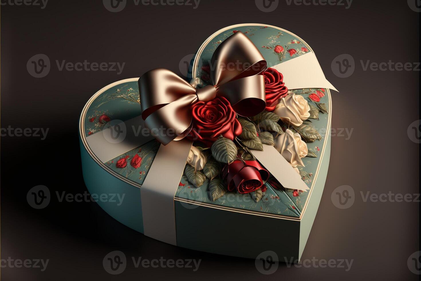 Heart-shaped gift box, red roses, bow. Valentine's Day. photo