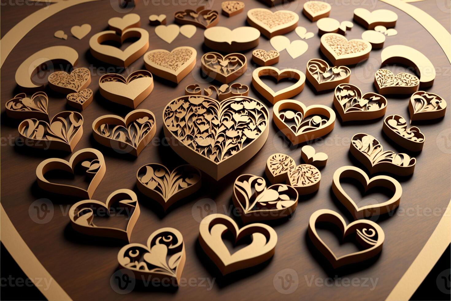 Heart-shaped paper and cardboard cutouts, Valentine's Day. AI photo