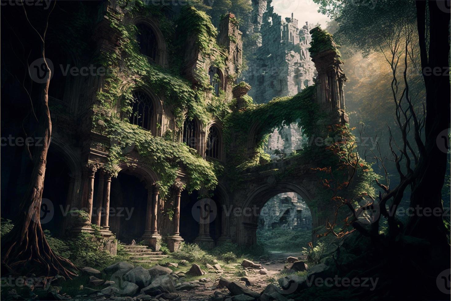 Ancient temple ruins in the middle of the forest. AI photo