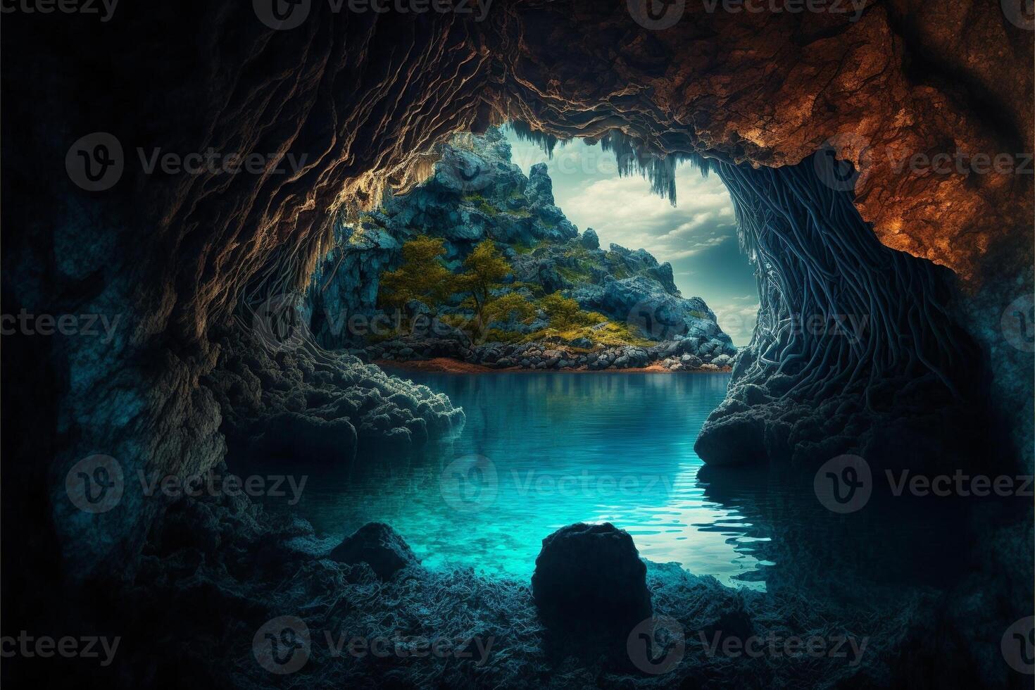 Cave with lake of blue water with mountains in the background. photo