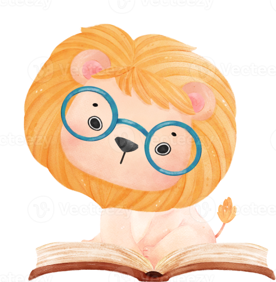 cute watercolour baby lion animal kid reading book, back to school cartoon character illustration png