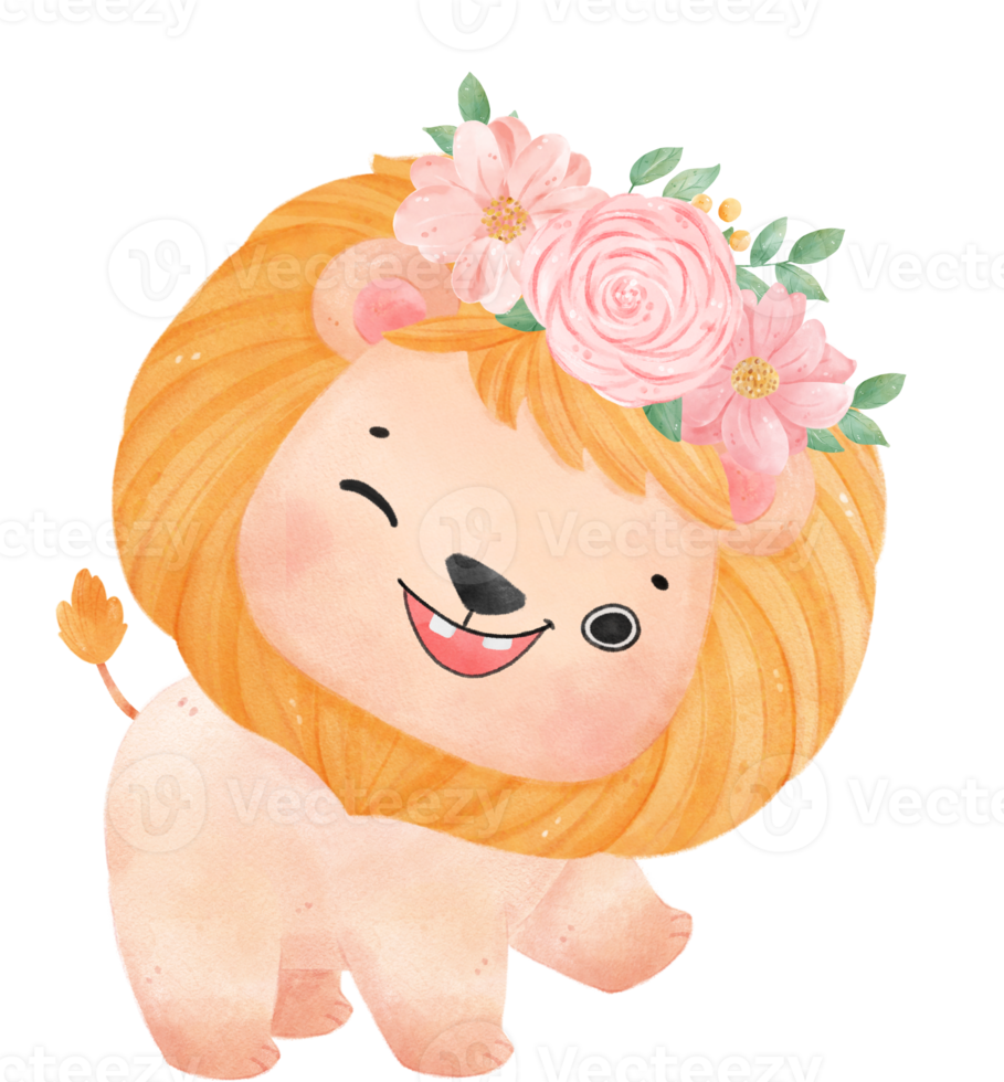 Cute sweet happy baby lion with floral crown watercolour kid animal illustration png