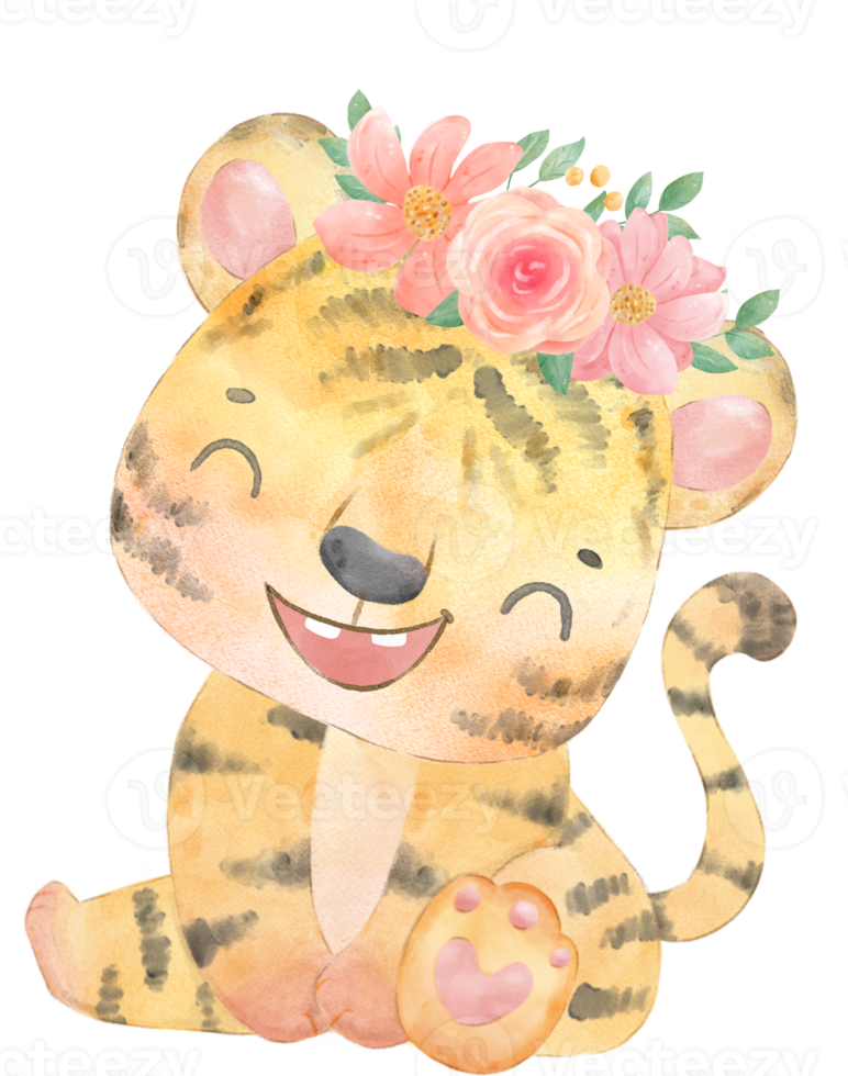 cute baby playful tiger with floral crown, whimsical children animal watercolour illustration png