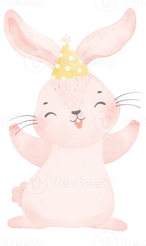 Adorable whimsical happy baby pink bunny rabbit with colourful party hat, children watercolor illustration png