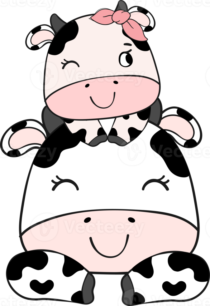 Cute happy smile mother cow and baby cow hugging children cartoon character doodle hand drawing png