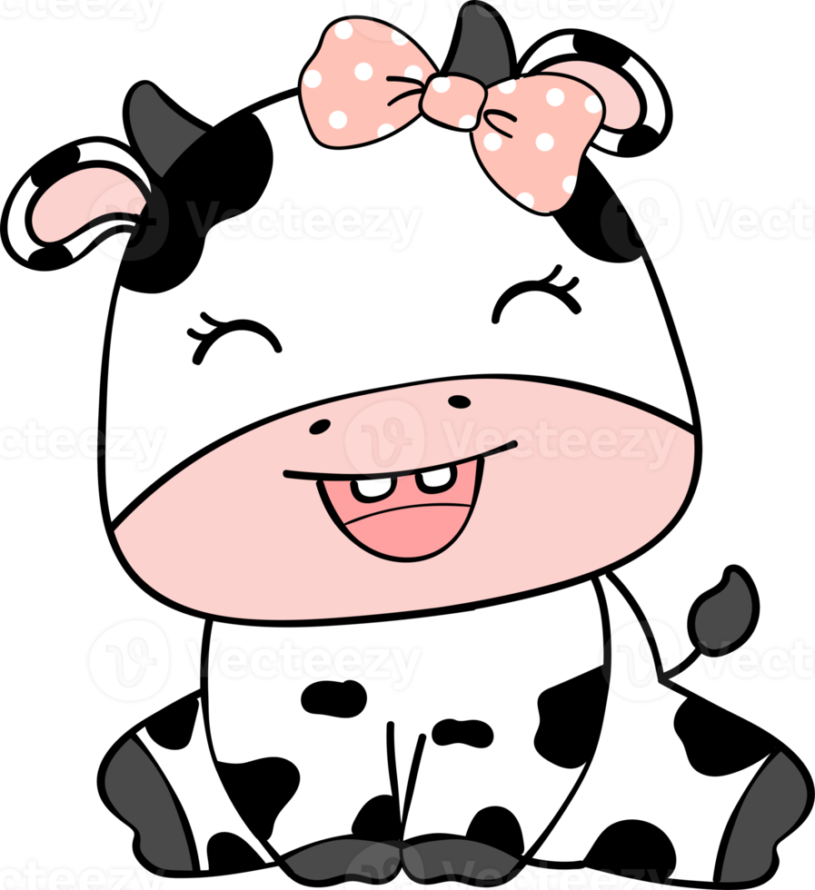 Cute happy smile baby cow sitting cartoon character doodle hand drawing png