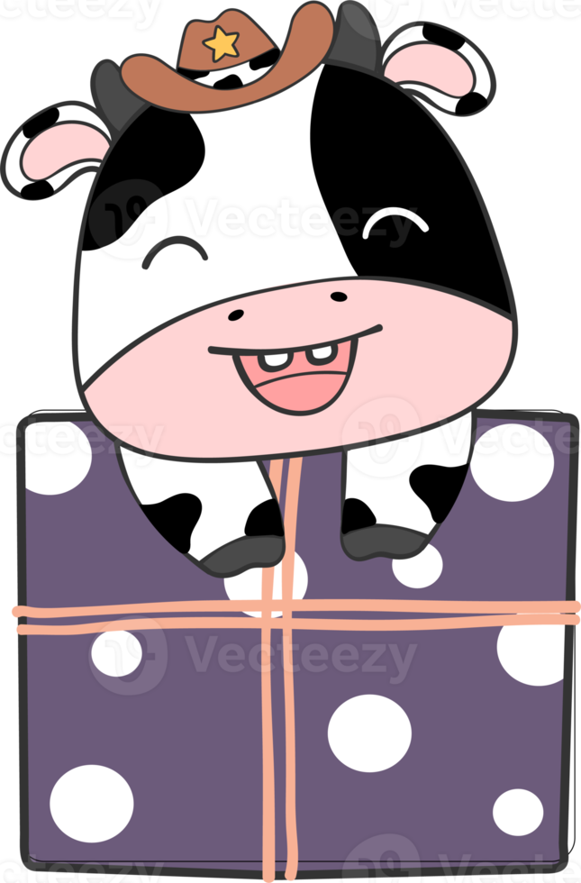 Cute happy smile baby cow celebrating birthday party children cartoon character doodle hand drawing png