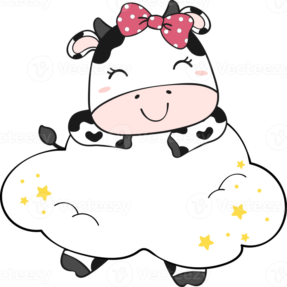 Cute happy smile baby cow sitting on cloud children cartoon character doodle hand drawing png