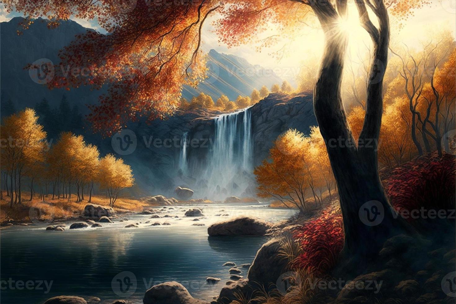 Autumn landscape with forest lake and mountains. AI photo