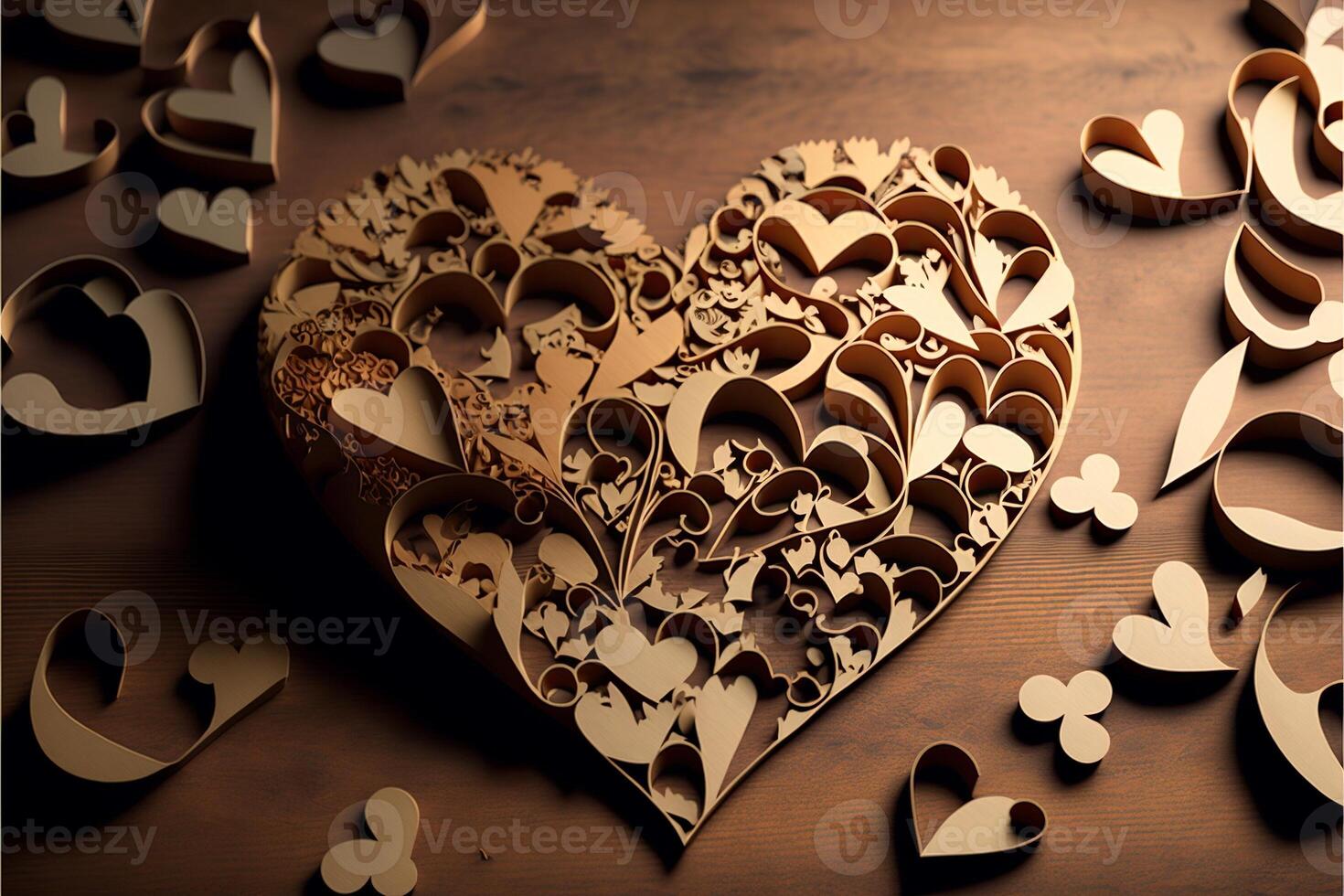 Heart-shaped paper and cardboard cutouts, Valentine's Day. AI photo