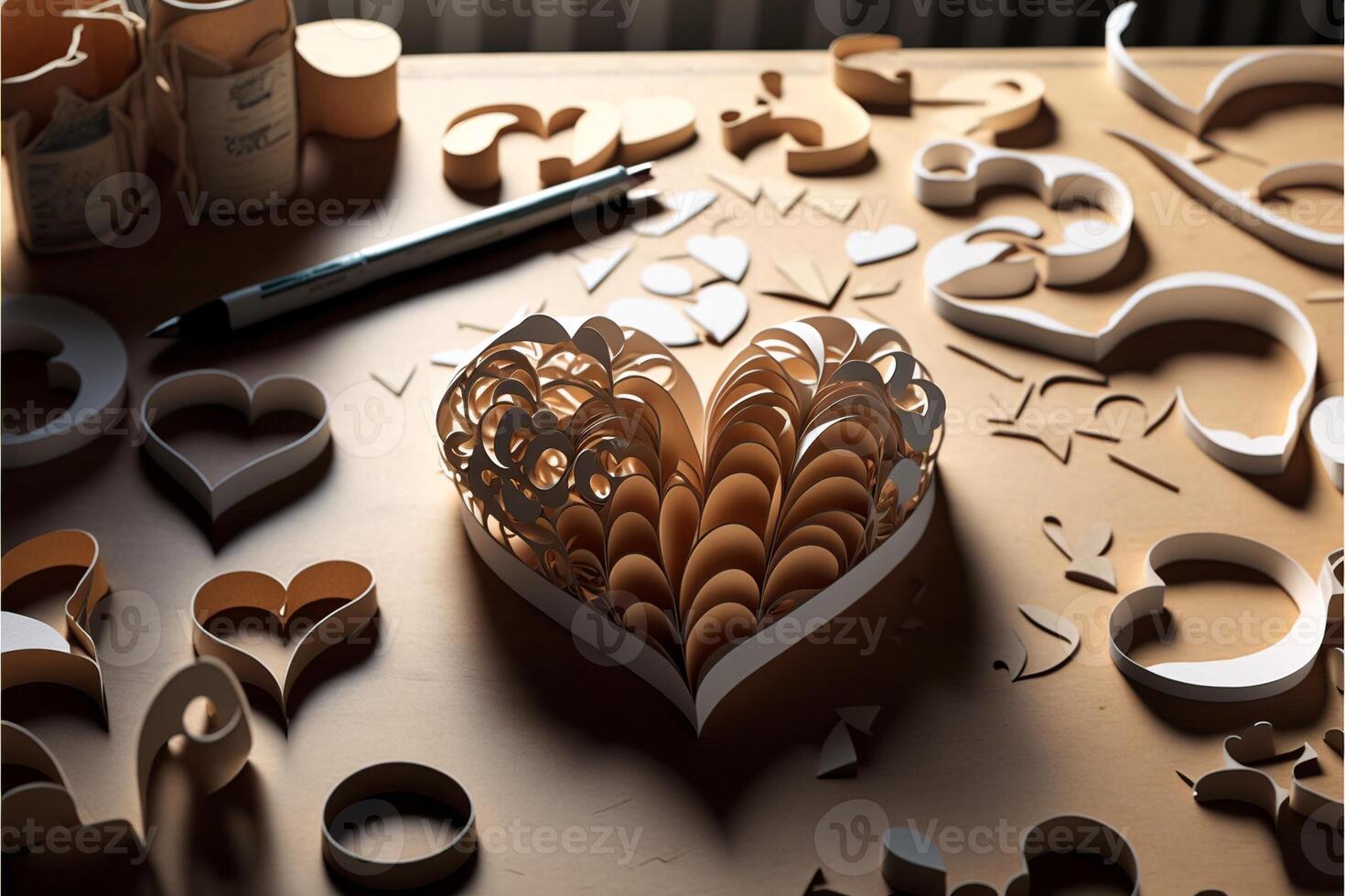 Heart-shaped paper and cardboard cutouts, Valentine's Day. AI photo