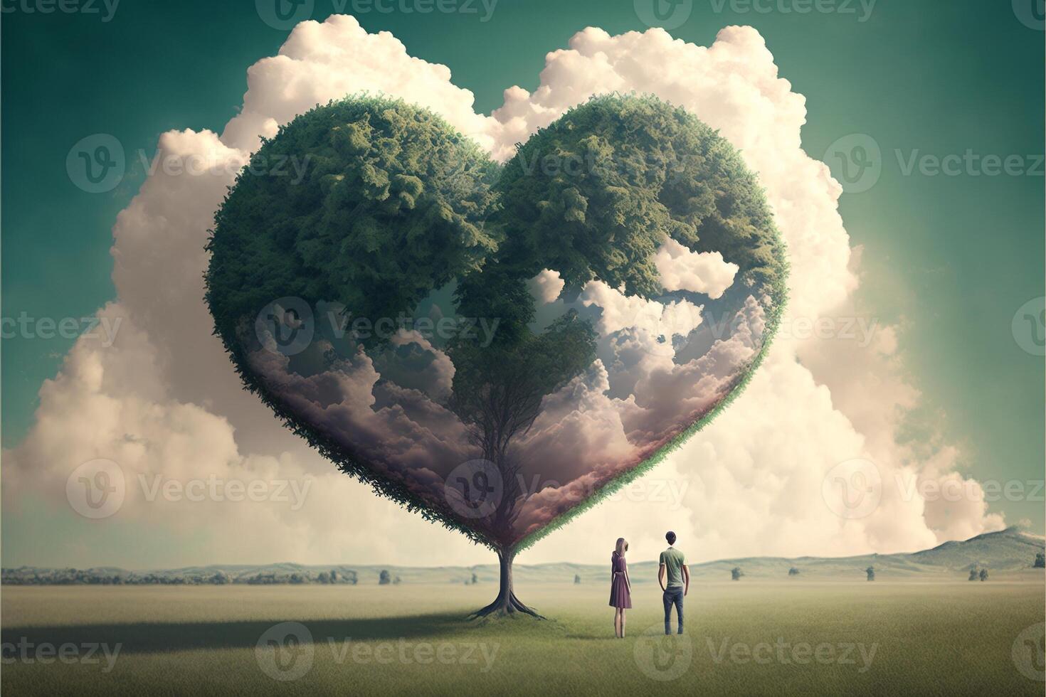 Heart-shaped tree landscape , open sky, Valentine's Day. AI photo