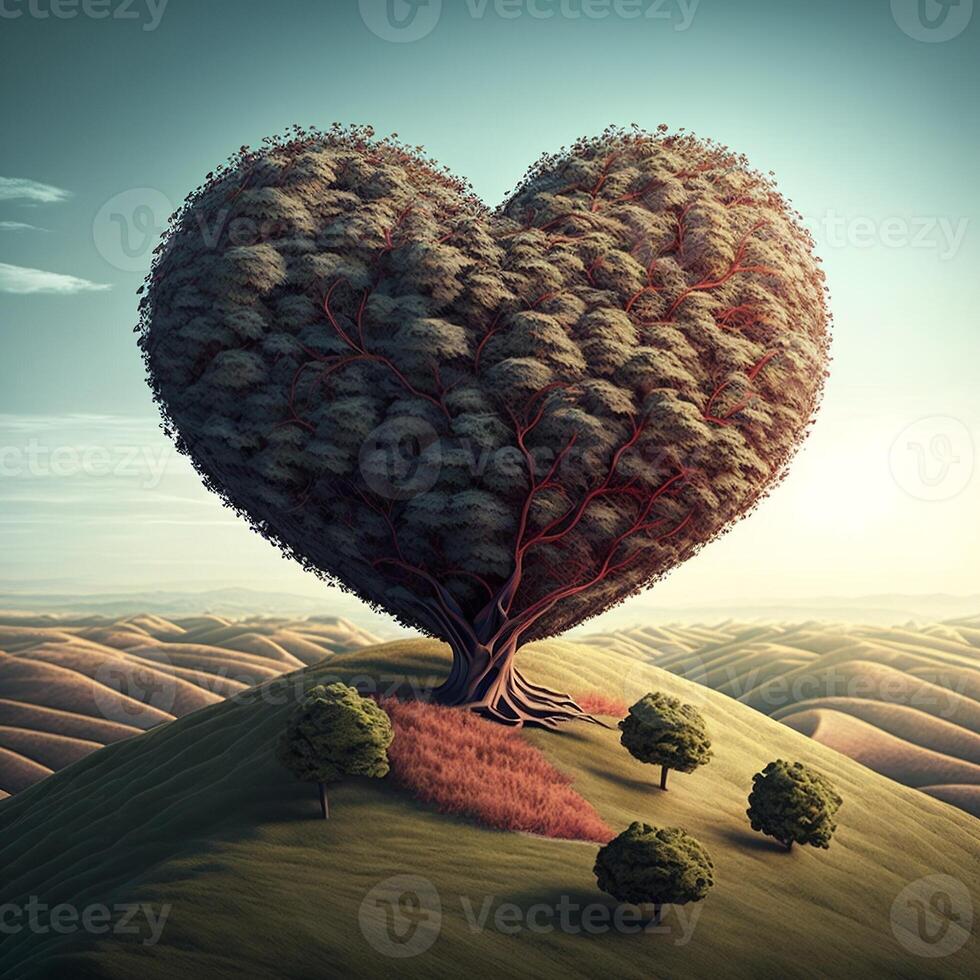 Heart-shaped tree landscape , open sky, Valentine's Day. AI photo