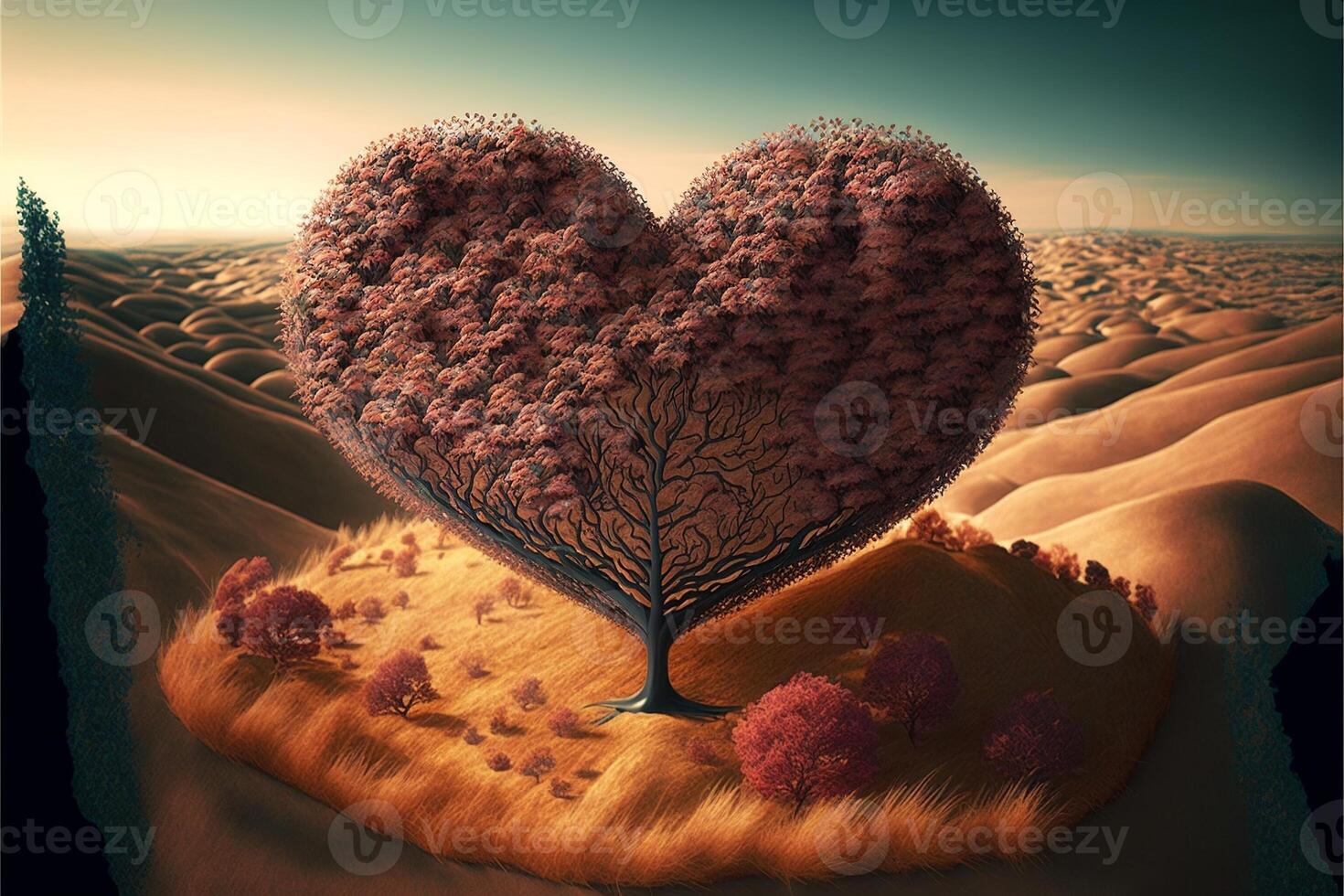 Heart-shaped tree landscape , open sky, Valentine's Day. AI photo