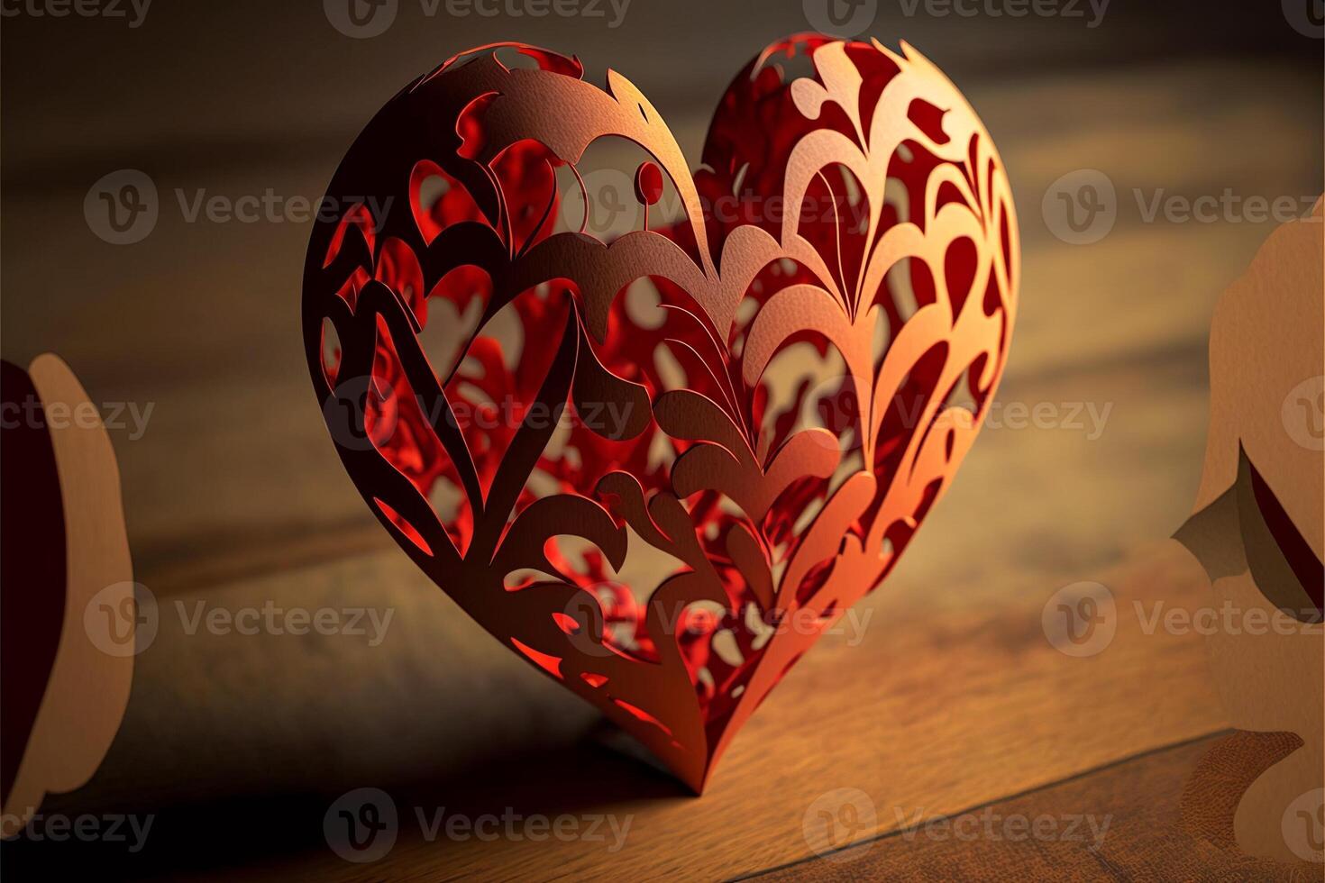 decoración en el forma de un rojo corazón, cortar afuera, en un de madera mesa, San Valentín día. generativo ai foto
