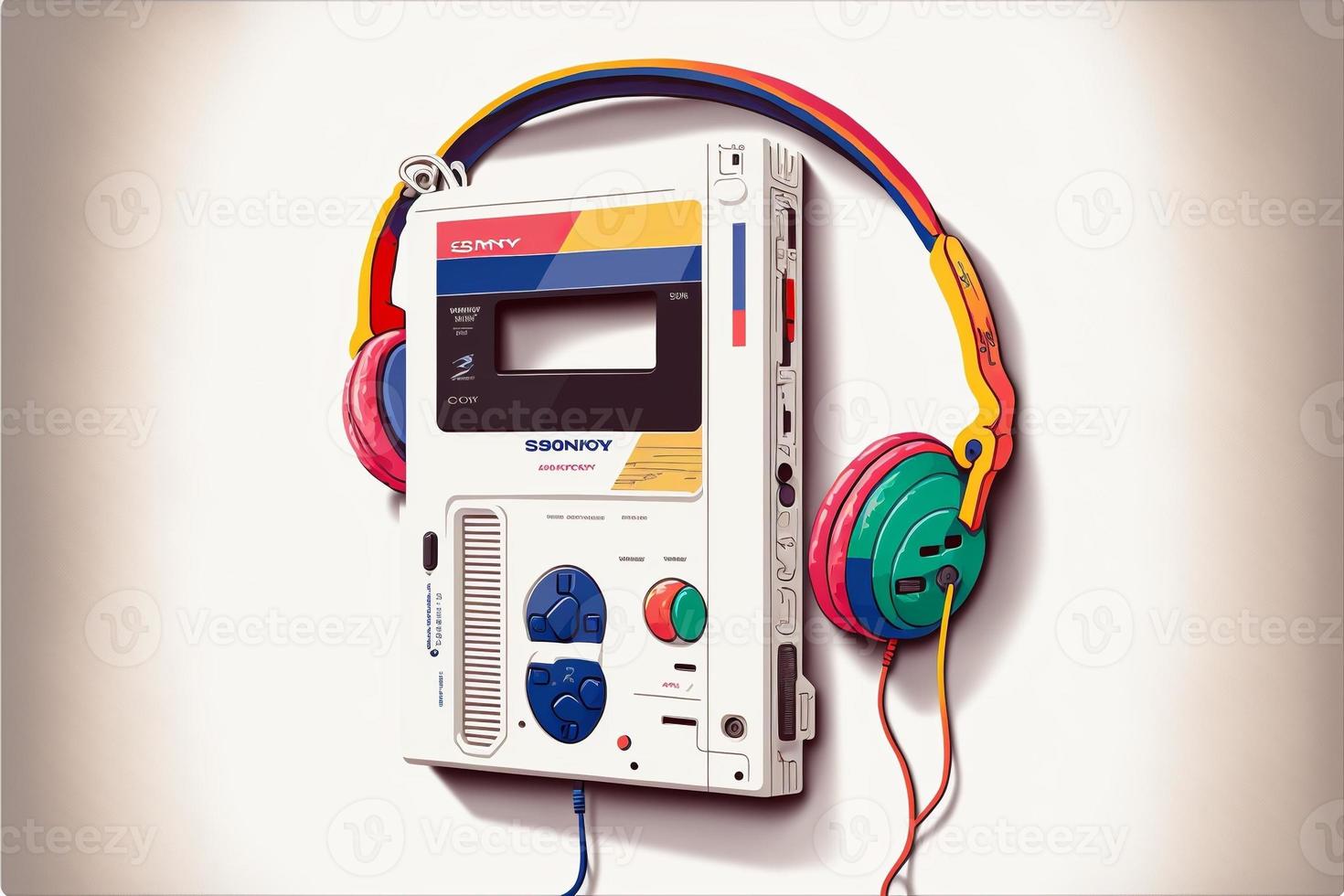 Walkman and colorful headset, 80s, retro. AI photo