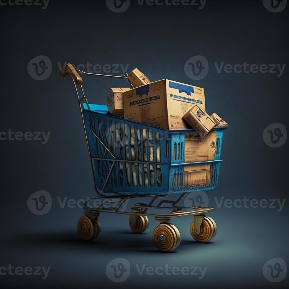 Blue shopping cart full of boxes. AI photo