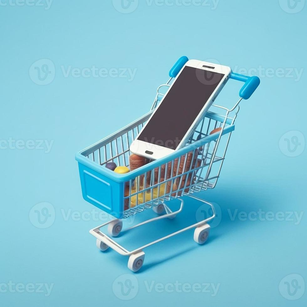 Shopping cart with cell phone inside, background. AI photo
