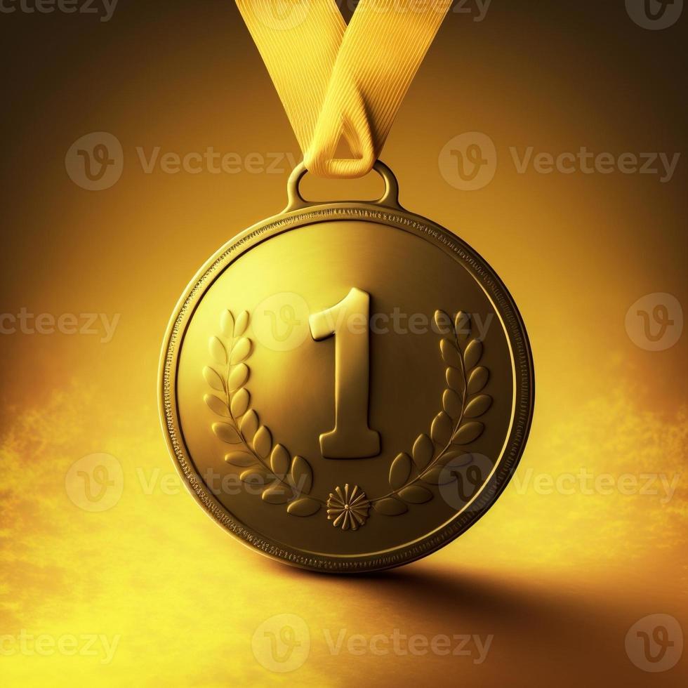 Gold medal with number 1, illustration, yellow background. AI photo