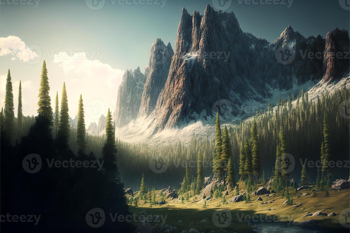 Landscape with forest, mountain and sky with clouds. AI photo