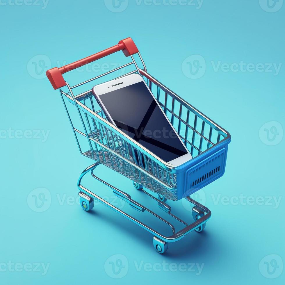 Shopping cart with cell phone inside, background. AI photo