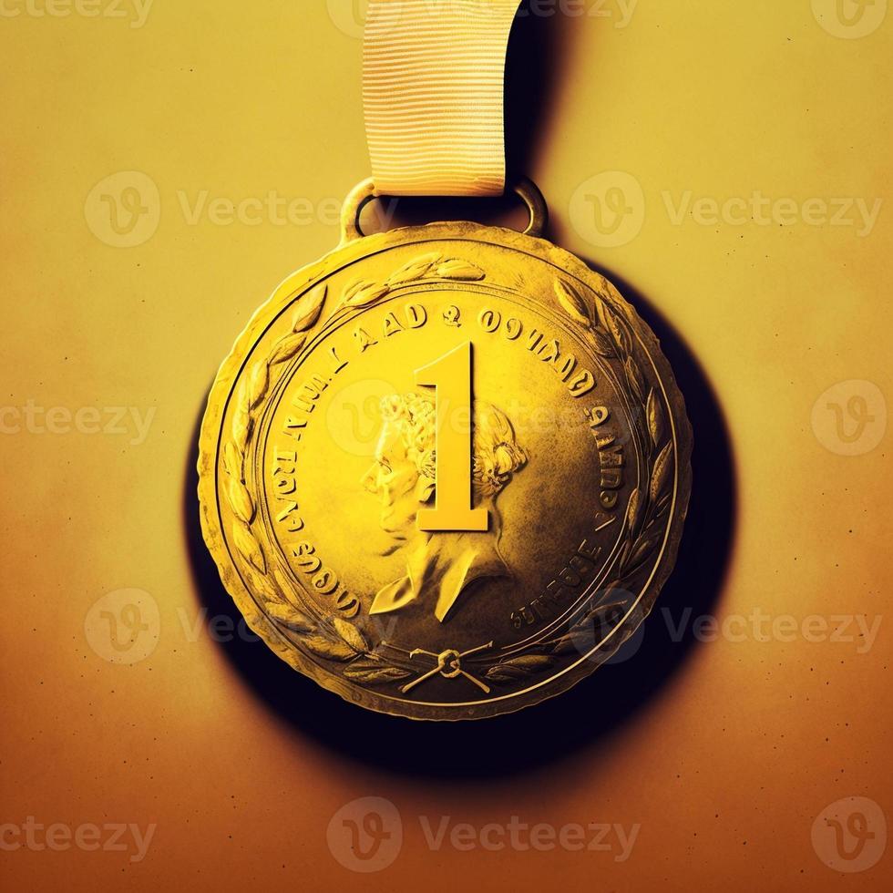 Gold medal with number 1, illustration, yellow background. AI photo