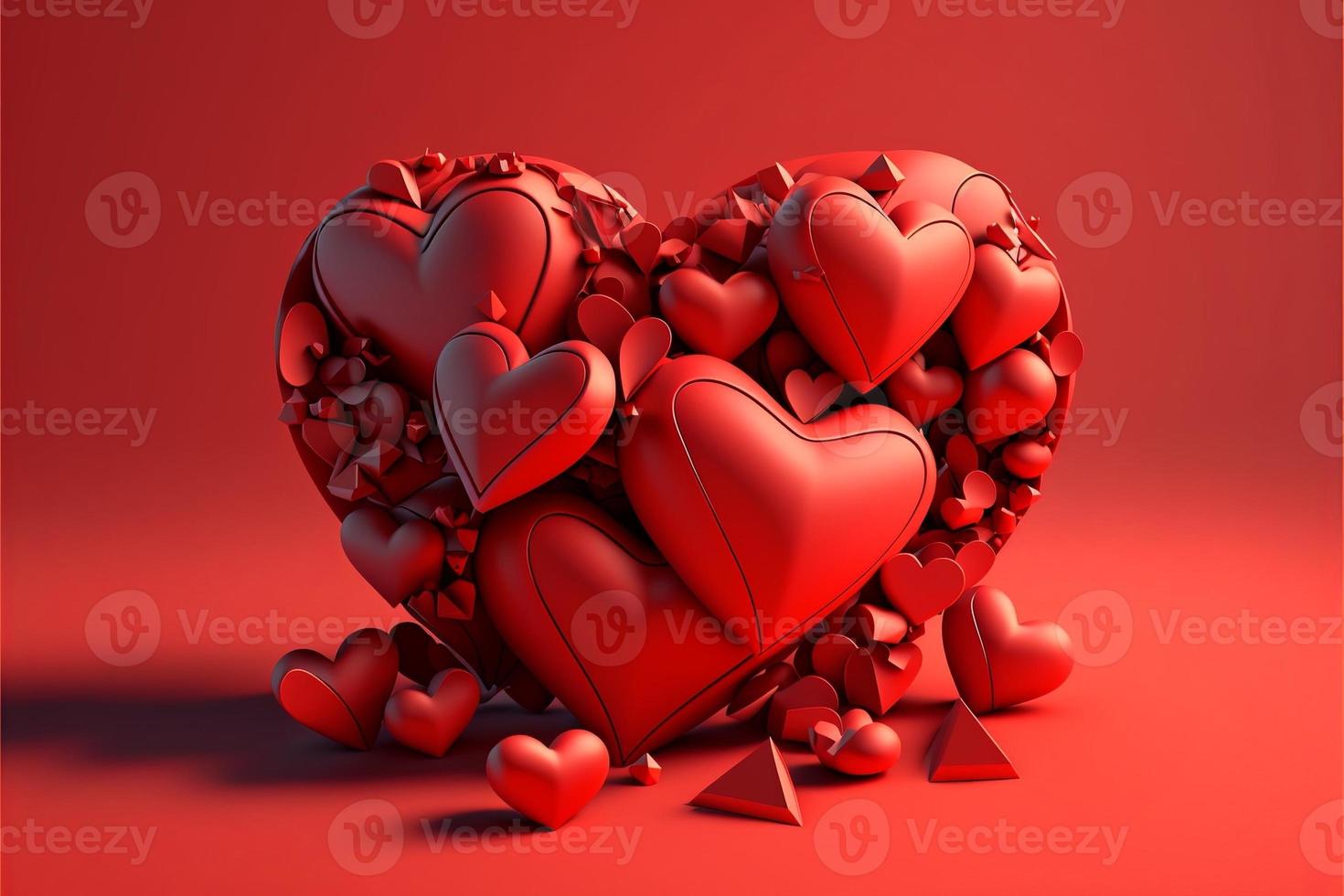 Many red hearts, 3D , red background, valentine's day. AI photo