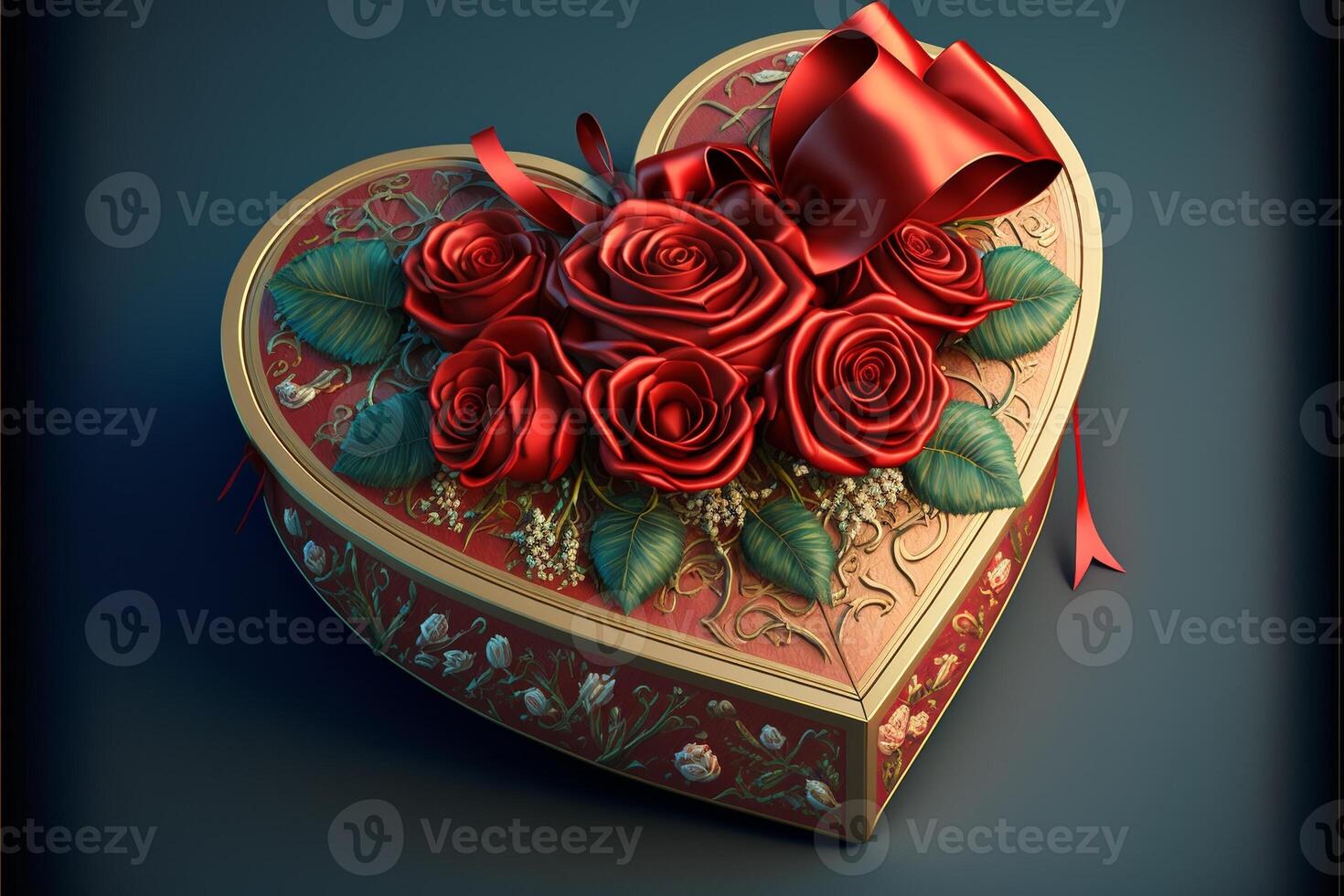 Heart-shaped gift box, red roses, bow. Valentine's Day. photo