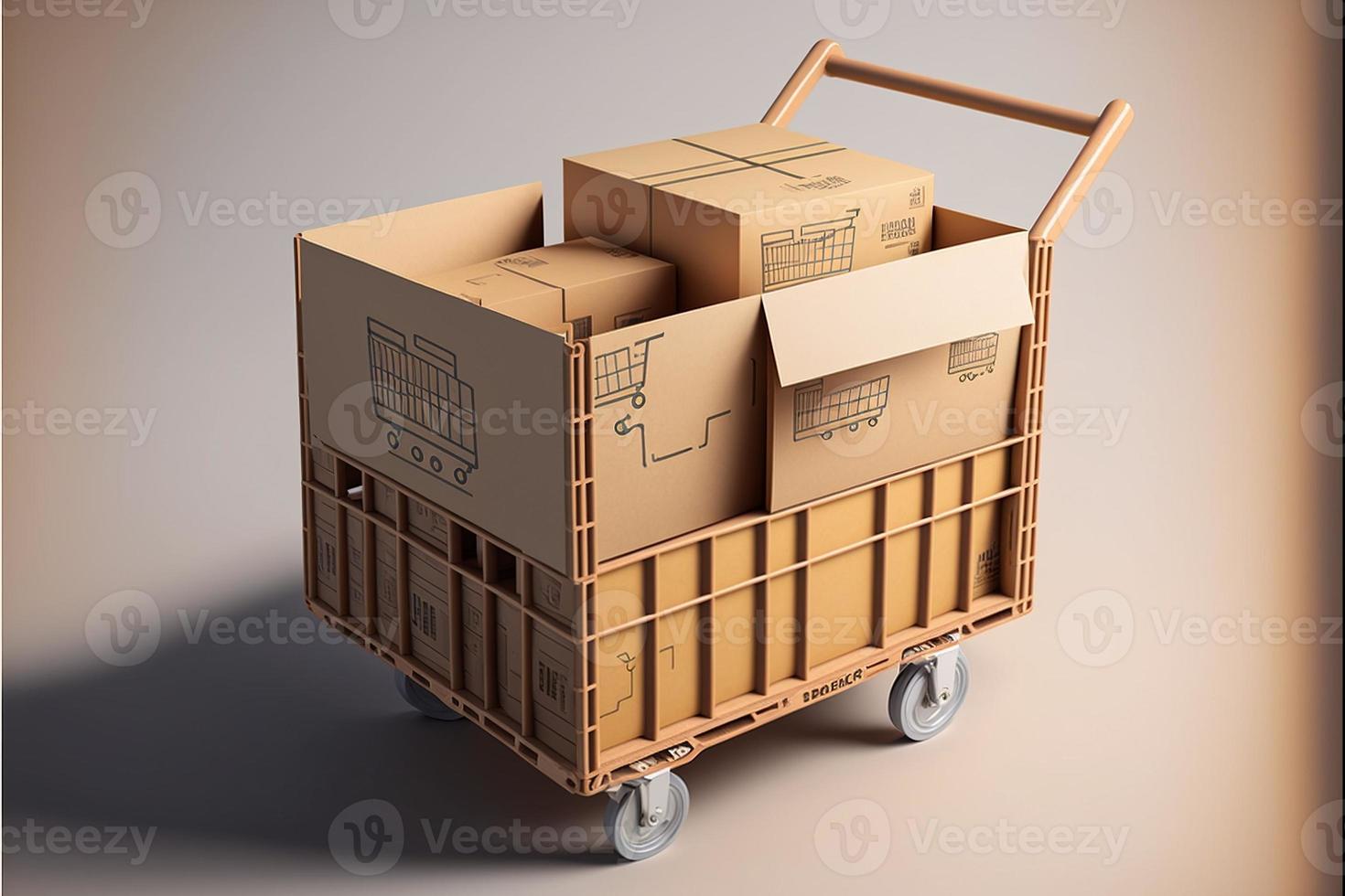 Shopping cart full of cardboard boxes, background. AI photo
